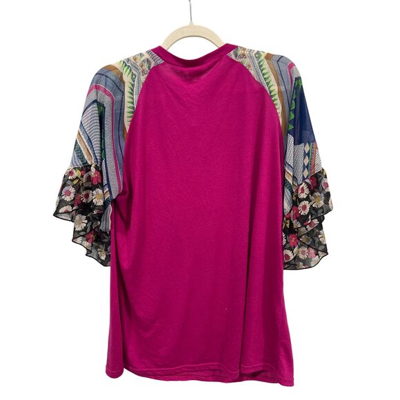 Grace and Emma Ruffle Floral Sleeve Blouse Womens Large Fuchsia Botanical Hippie - Picture 2 of 7